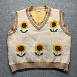Hypels Sunflower Sweater Vest Women's One Size Cream Tan Floral Knit V-Neck